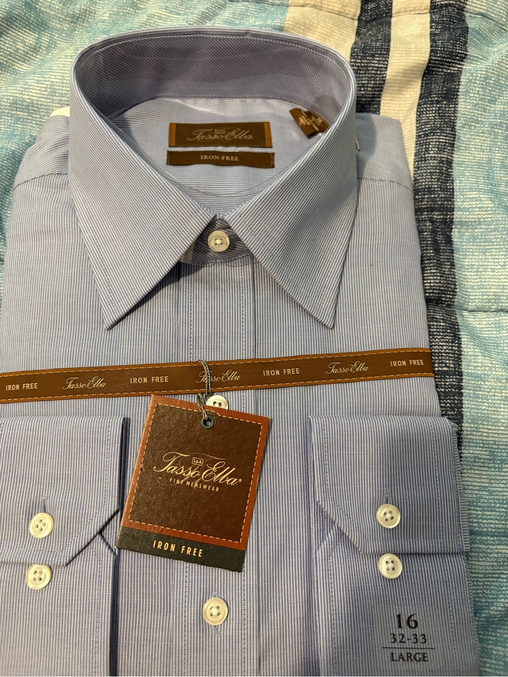 NWT Tasso Elba Iron-Free Blue Micro Stripe Dress Shirt 16 32/33 Large